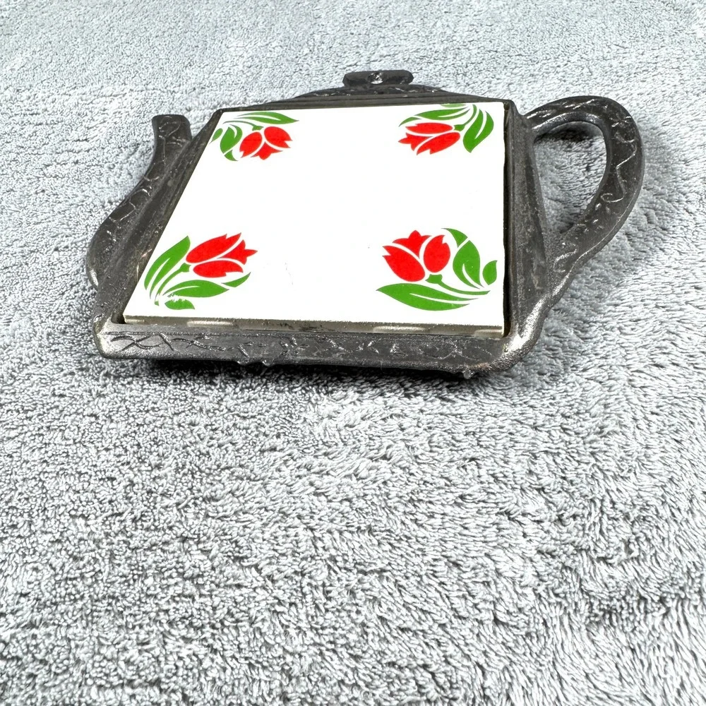 Vintage Taiwan Cast Iron Teapot Trivet Red Tulip‎ Ceramic Tile Wall Hanging